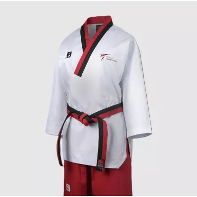 Dobok MOOTO Poomsae Poom TAEBAEK, col noir/rouge.