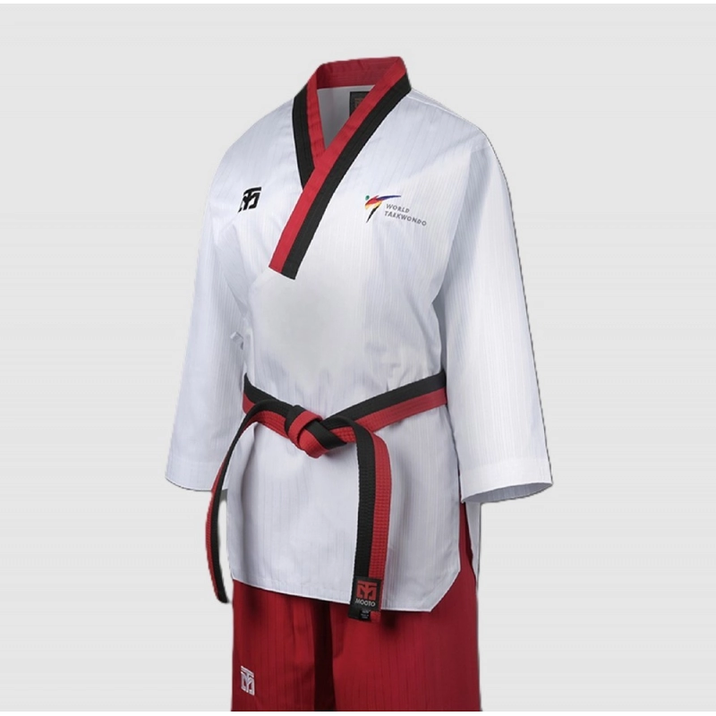 Dobok MOOTO Poomsae Poom TAEBAEK, col noir/rouge.