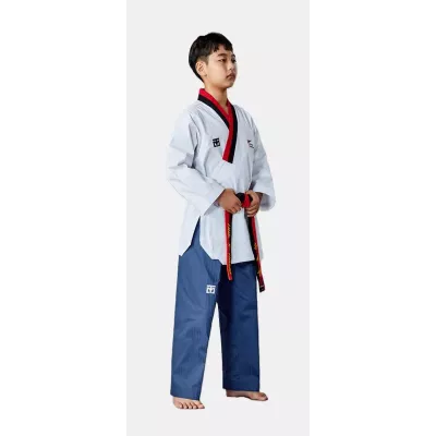 Dobok Poomsae Poom TAEBAEK enfant, haut blanc col rouge et noir.