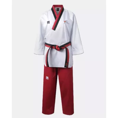 Dobok Poomsae TAEBAEK Poom femme, haut blanc col rouge et noir avec pantalon rouge.