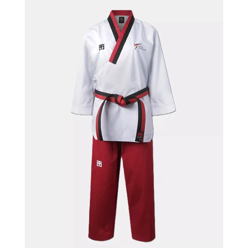 Dobok Poomsae TAEBAEK Poom femme, haut blanc col rouge et noir avec pantalon rouge.