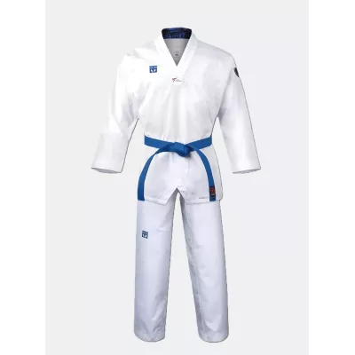Dobok Taekwondo MOOTO EXTERA 3 col blanc, haut et pantalon blancs avec ceinture bleue.