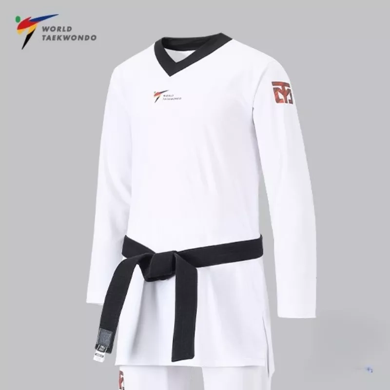 Dobok de compétition Taekwondo MOOTO EXTERA Pro, haut blanc avec col noir.