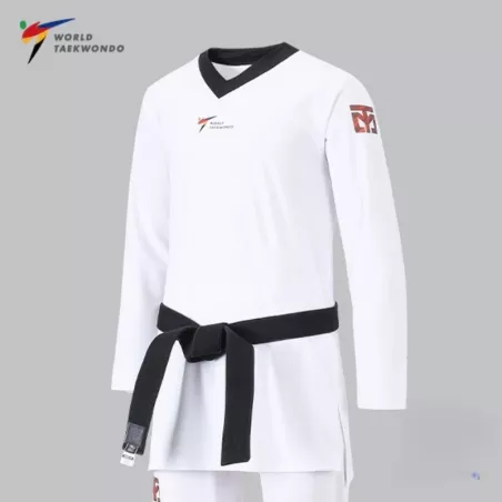 Dobok de compétition Taekwondo MOOTO EXTERA Pro, haut blanc avec col noir.
