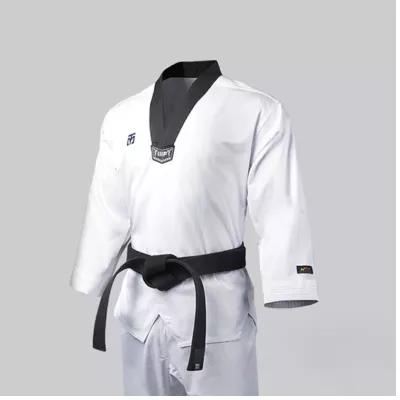 Dobok de Taekwondo MOOTO 3F, haut blanc avec col noir.