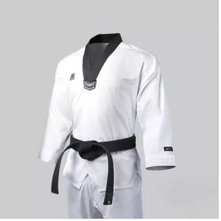 Dobok de Taekwondo MOOTO 3F, haut blanc avec col noir.