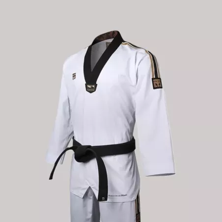 Dobok de Taekwondo MOOTO PRIDE III, haut blanc avec col noir.